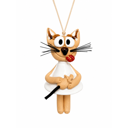 Handmade white hanging ceramic cat with a mouse
