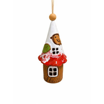 Red handmade ceramic house wind bell with bird