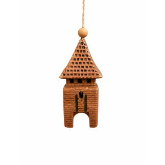 Handmade ceramic wind bell shaped like a castle gate