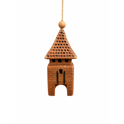 Handmade ceramic wind bell shaped like a castle gate