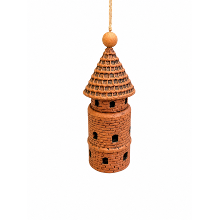 Handmade ceramic wind bell shaped like a castle tower