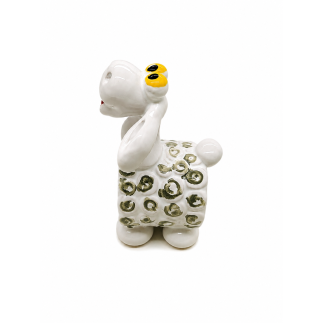 Playful handmade ceramic sheep ornament.