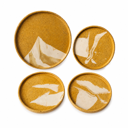 Handmade ceramic plate set of four sandy beige plates with white abstract glaze patterns