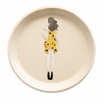 Handmade ceramic decorative plate featuring a woman in a yellow floral dress, minimalist home décor by Molinuke.