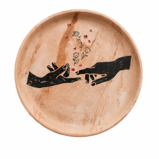 Hand-built ceramic decorative plate "The Touch" with hand and floral artwork.