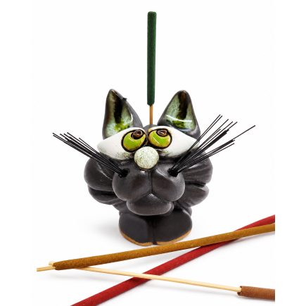 Black handmade ceramic cat incense holder