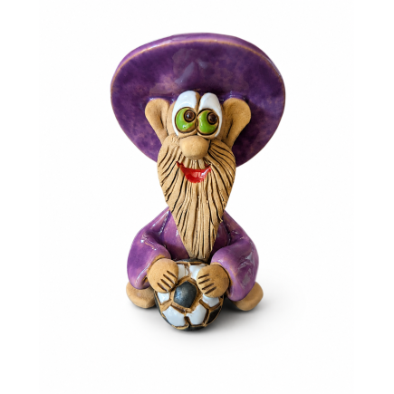 Purple ceramic house gnome with soccer ball