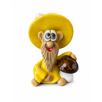 Yellow ceramic house gnome with mushroom