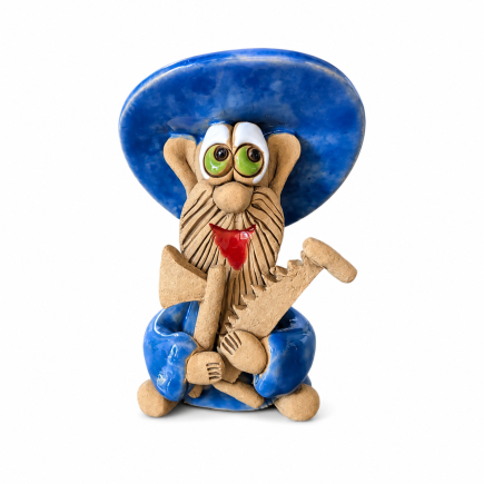 Blue ceramic house gnome lumberjack with axe and saw