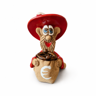 Red ceramic house gnome with a wallet and euro symbol