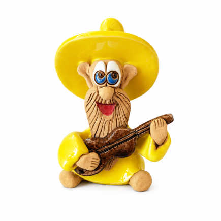 Geltonas keraminis naminukas gitaristas su gitara
