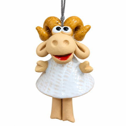 White handmade ceramic ram bell, decorative pottery ornament