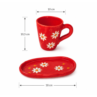 Handmade Ceramic Cup with Tray – Red Daisy Mug Set