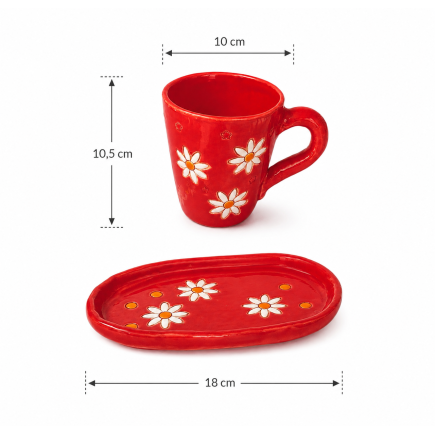 Handmade Ceramic Cup with Tray – Red Daisy Mug Set