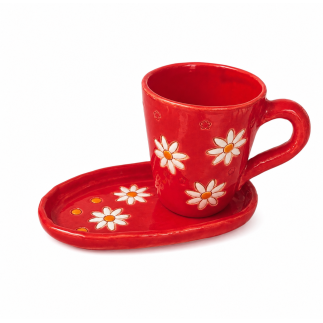 Handmade Ceramic Cup with Tray – Red Daisy Mug Set