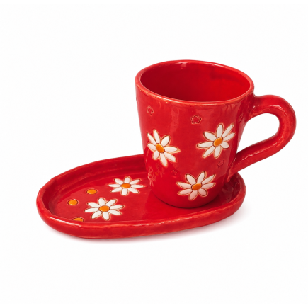 Handmade Ceramic Cup with Tray – Red Daisy Mug Set